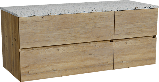 Storke Edge meuble salle de bains suspendu 130 x 52 cm chêne brut avec Tavola tablette simple ou double en blanc/noir mat terrazzo