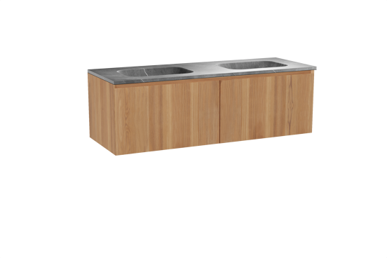 Balmani Idra zwevend badmeubel 150 x 55 cm teakhout met Tablo Arcato dubbele wastafel in marmer pietra grey