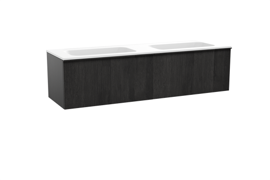 Balmani Forma zwevend badkamermeubel 180 x 55 cm zwarte eik met Tablo Strada dubbele wastafel in composietmarmer mat wit, Verticale symmetrische rechte ribbel
