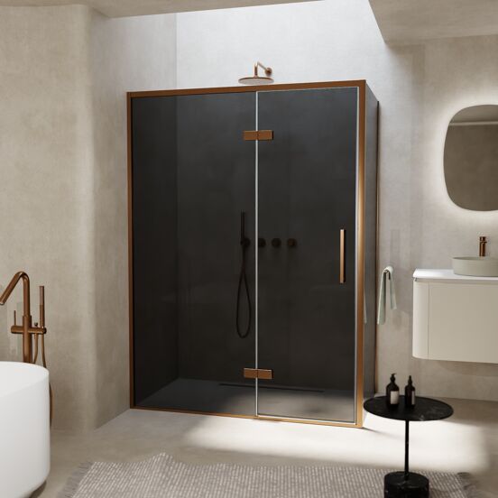 Balmani Senses Design douchehoek met linkse draaideur en vaste zijwand, 140 x 90 cm, Rookglas, Brushed Rosegold profielen