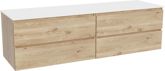 Balmani Lucida zwevend badkamermeubel 180 x 55 cm ruwe eik met Stretto enkel of dubbel tablet in solid surface mat wit