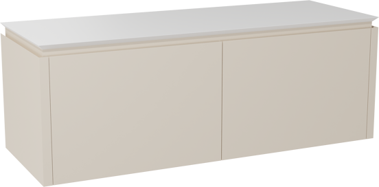 Balmani Eclips hängendes Möbelstück Set: 150 x 55 cm, Sandbeige, mit Eclips Einzel- oder Doppel Waschtischplatte Solid Surface Weiβ matt
