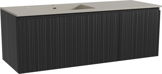 Storke Ribs meuble salle de bains suspendu 140 x 52 cm chêne noir avec Diva vasque asymétrique gauche en top solid soie grise, Nervure droite asymétrique verticale