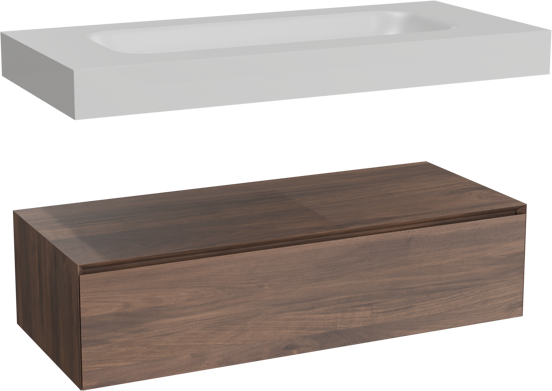 Balmani Mitra Elements hängendes Möbelstück Set: 120 x 55 cm, Amerikanischer Nussbaum mit Arcato Einzelwaschtisch für 2 Armaturenlöcher, Solid Surface Weiß matt