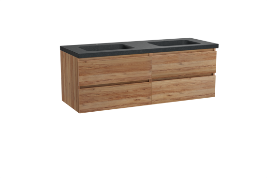Balmani Lucida zwevend badkamermeubel 150 x 55 cm teak met Napoli dubbele wastafel in graniet zwart