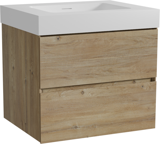 Storke Edge zwevend badmeubel 65 x 52 cm ruw eiken met Mata High enkele wastafel in solid surface mat wit