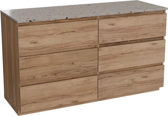 Balmani Lucida staand badkamermeubel 150 x 55 cm teak met Stretto enkel of dubbel tablet in terrazzo greige terrazzo