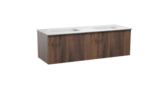 Balmani Forma hängendes Möbelstück Set: 150 x 55 cm, Amerikanischer Nussbaum, mit Tablo Arcato Doppelwaschtisch, Solid Surface, Weiß matt, Vertikale symmetrische gerade Rippe