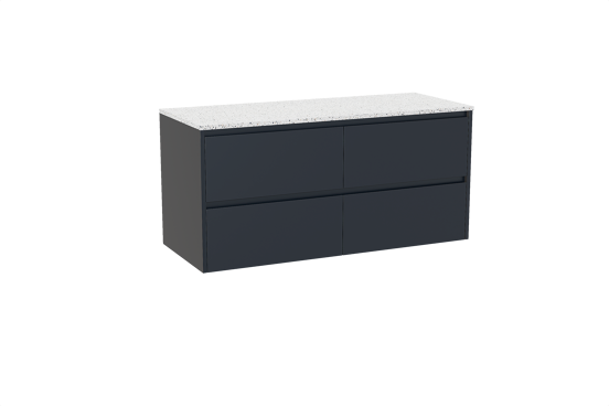 Storke Seda meuble salle de bains suspendu 130 x 52 cm bleu nuit avec Tavola tablette simple ou double en blanc/noir mat terrazzo