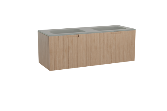 Balmani Adagio hängendes Möbelstück Set: 150 x 55 cm, Verwitterte Eiche, mit Tablo Strada Doppelwaschtisch, Marmorkomposit Seidengrau