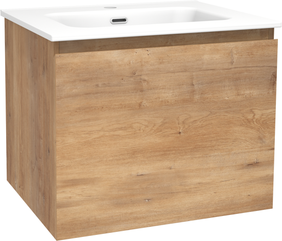 Linie Lado hängendes Möbelstück Set: 60 x 46 cm, Naturbelassene Eiche, mit Baro Einzelwaschtisch, Porzellan Weiß matt