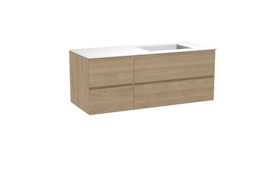 Balmani Mitra hängendes Möbelstück Set: 135 x 55 cm, Naturbelassene Eiche, mit Tablo Stretto Waschtisch rechts, Solid Surface Weiß matt