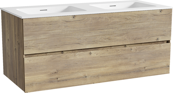 Storke Edge meuble salle de bains suspendu 120 x 52 cm chêne brut avec Mata double vasque en solid surface blanc mat