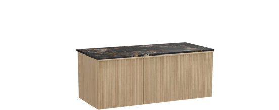 Balmani Forma zwevend badmeubel 120 x 55 cm naturel eiken met Stretto enkel wastafelblad in marmer portoro gold, Verticale asymmetrische ronde ribbel