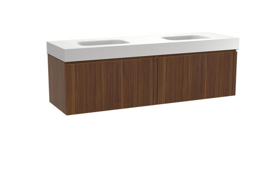 Balmani Sfera zwevend badkamermeubel 180 x 55 cm amerikaanse notelaar met Arcato dubbele wastafel in solid surface mat wit