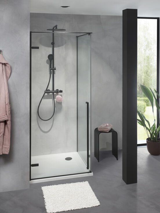 Luca Varess Stilus douchehoek met linkse draaideur en vaste zijwand 90 x 90 cm helder glas mat zwart profiel
