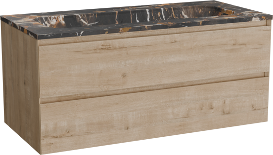 Balmani Mitra meuble salle de bains suspendu 120 x 55 cm chêne brut avec Tablo Arcato lavabo simple pour 2 trous de robinet en marbre portoro gold