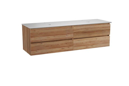 Balmani Lucida zwevend badkamermeubel 180 x 55 cm teak met Facetta dubbel tablet in solid surface mat wit