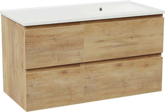 Linie Lado zwevend badmeubel 100 x 46 cm naturel eiken met Vano asymmetrisch rechtse wastafel in composietmarmer hoogglans wit