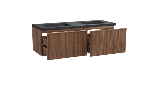 Balmani Forma zwevend badkamermeubel 150 x 55 cm amerikaanse notelaar met Napoli dubbele wastafel in graniet zwart, Verticale asymmetrische ronde ribbel