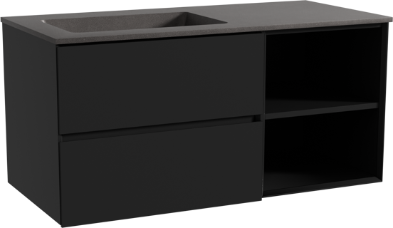 Storke Edge zwevend badmeubel 110 x 52 cm mat zwart met Scuro asymmetrisch linkse wastafel in kwarts mat zwart
