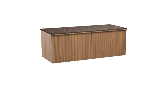 Balmani Forma zwevend badkamermeubel 135 x 55 cm teak met Stretto enkel of dubbel tablet in marmer dark emperador, Verticale symmetrische rechte ribbel