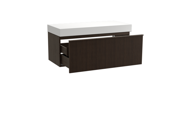 Balmani Forma hängendes Möbelstück Set: 120 x 55 cm, Geräucherte Eiche, mit Dominus Einzel- oder Doppel Waschtischplatte, Solid Surface, Weiß matt, Vertikale symmetrische gerade Rippe