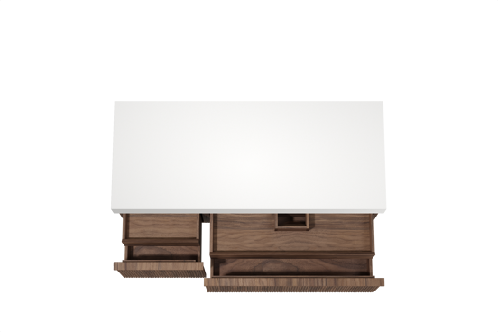 Balmani Forma hängendes Möbelstück Set: 135 x 55 cm, Amerikanischer Nussbaum, mit Dominus Einzel- oder Doppel Waschtischplatte, Solid Surface, Weiß matt, Vertikale symmetrische gerade Rippe
