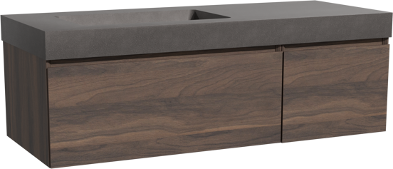 Storke Edge zwevend badkamermeubel 130 x 52 cm notelaar met Scuro High asymmetrisch linkse wastafel in kwarts mat zwart