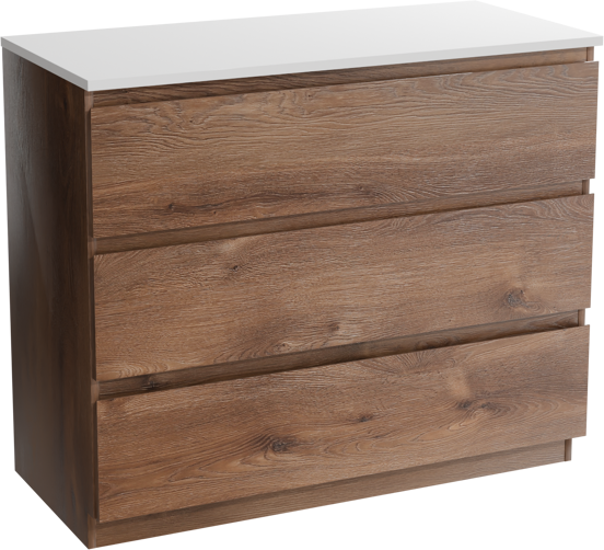Linie Lado staand badkamermeubel 100 x 46 cm bruine eik met Lado enkel of dubbel tablet in composietmarmer glanzend wit