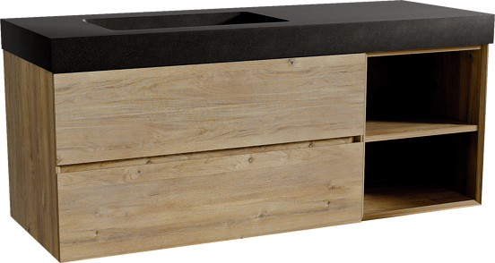 Storke Edge zwevend badmeubel 140 x 52 cm ruw eiken met Scuro High asymmetrisch linkse wastafel in kwarts mat zwart