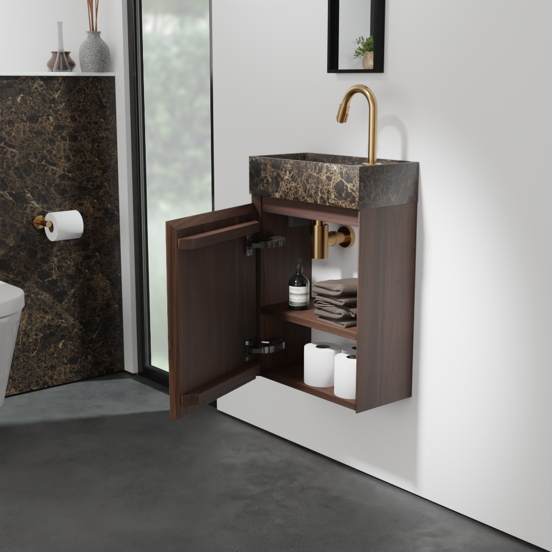 Balmani Mitra zwevend toiletmeubel 42 x 21 cm amerikaans notenhout met Dama wastafel in Dark Emperador marmer