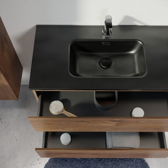 Linie Lado hängendes Möbelstück Set: 70 x 46 cm, Braune Eiche, mit Baro Einzelwaschtisch, Porzellan Schwarz matt