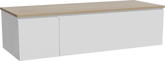 Storke Edge hängendes Möbelstück Set: 140 x 52 cm, Weiß glänzend, mit Panton Einzel- oder Doppel Waschtischplatte, Melamin Rohe Eiche