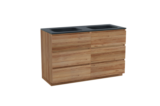 Balmani Lucida staand badkamermeubel 135 x 55 cm teak met Tablo Strada dubbele wastafel in composietmarmer mat zwart