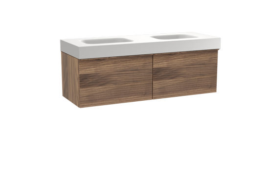 Balmani Forma zwevend badkamermeubel 150 x 55 cm amerikaanse notelaar met Arcato dubbele wastafel in solid surface mat wit, Horizontale symmetrische rechte ribbel
