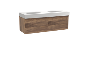 Balmani Forma hängendes Möbelstück Set: 150 x 55 cm, Amerikanischer Nussbaum, mit Arcato Doppelwaschtisch, Solid Surface, Weiß matt, Horizontale symmetrische gerade Rippe