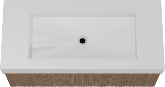 Balmani Forma zwevend badkamermeubel 120 x 55 cm amerikaanse notelaar met Modus enkele wastafel voor 2 kraangaten in solid surface mat wit, Verticale asymmetrische ronde ribbel