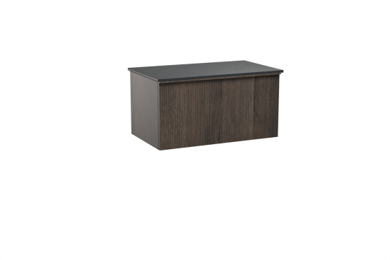 Balmani Forma hängendes Möbelstück Set: 90 x 55 cm, Geräucherte Eiche, mit Stretto Einzel Waschtischplatte, Granit, Schwarzes Granit, Vertikale symmetrische gerade Rippe
