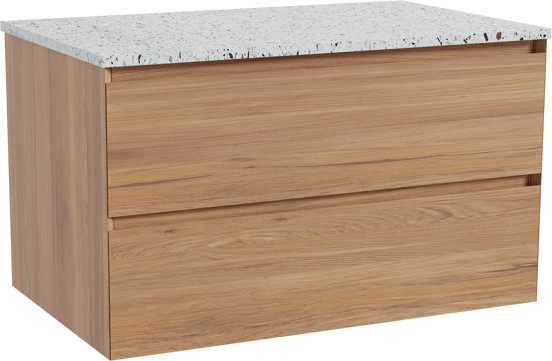 Balmani Mitra hängendes Möbelstück Set: 90 x 55 cm, Teak, mit Stretto Einzel Waschtischplatte, Terrazzo in Weiß/Schwarz matt