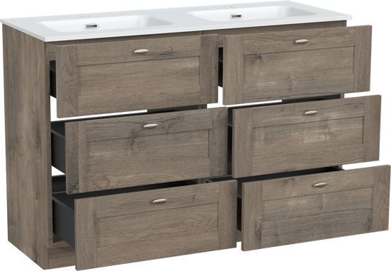 Linie Classo staand badkamermeubel 120 x 46 cm grijze eik met Baro dubbele wastafel in porselein mat wit