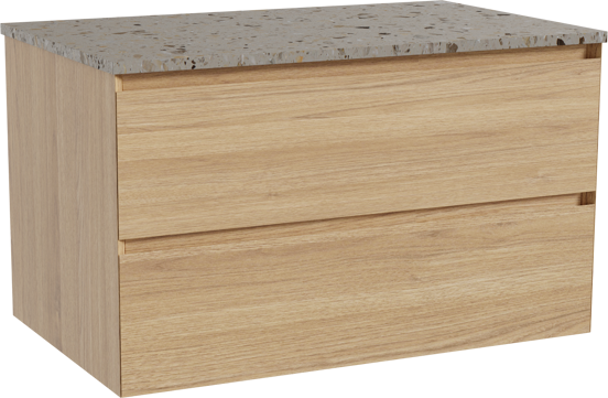 Balmani Mitra zwevend badkamermeubel 90 x 55 cm natuur eik met Stretto enkel tablet in terrazzo greige terrazzo