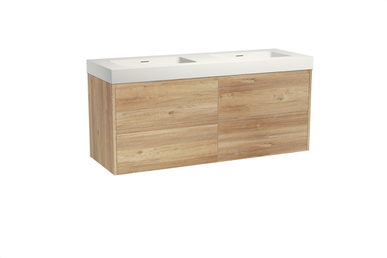 Storke Seda meuble salle de bains suspendu 150 x 52 cm chêne brut avec Mata High double vasque en solid surface blanc mat