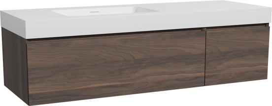 Storke Edge zwevend badkamermeubel 150 x 52 cm notelaar met Mata High asymmetrisch linkse wastafel in solid surface mat wit