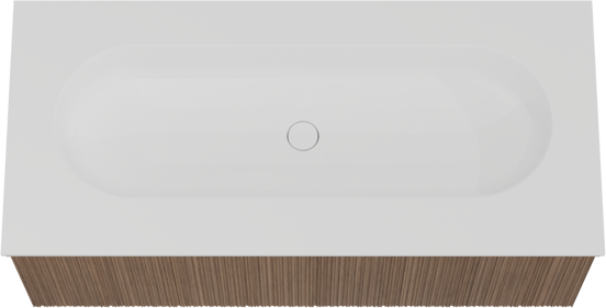 Balmani Forma zwevend badkamermeubel 120 x 55 cm amerikaanse notelaar met Tablo Oval enkele wastafel voor 2 kraangaten in solid surface mat wit, Verticale asymmetrische ronde ribbel