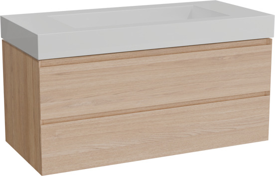 Balmani Mitra zwevend badkamermeubel 120 x 55 cm natuur eik met Modus enkele wastafel voor 2 kraangaten in solid surface mat wit