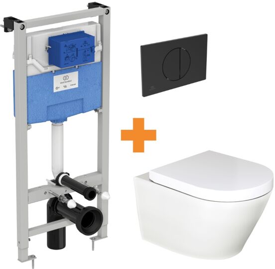 Luca Varess Calibro WC suspendu blanc mat sans bride avec bâti-support et Ideal Standard Oleas M5 noir mat plaque de commande gratuit