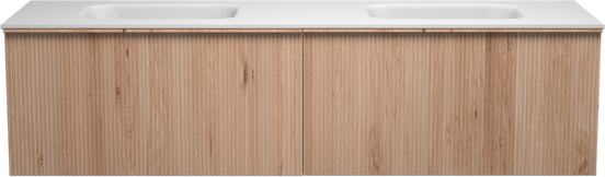 Balmani Forma zwevend badmeubel 180 x 55 cm naturel eiken met Tablo Arcato dubbele wastafel in solid surface mat wit Verticale symmetrische rechte ribbel