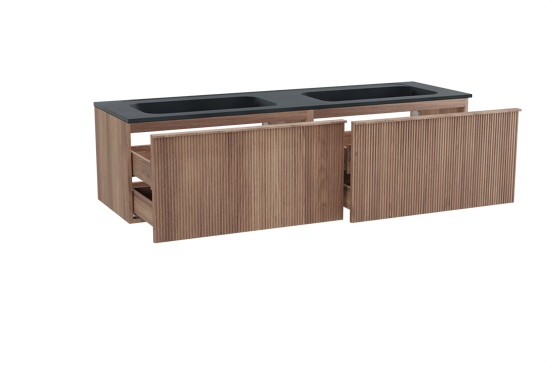 Balmani Forma hängendes Möbelstück Set: 180 x 55 cm, Teak, mit Tablo Strada Doppelwaschtisch, Marmorkomposit, Schwarz matt, Vertikale symmetrische gerade Rippe