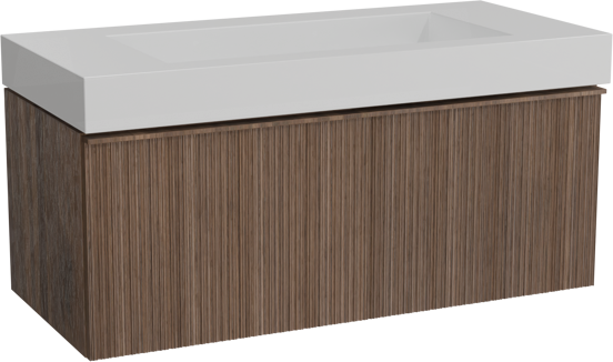 Balmani Forma zwevend badkamermeubel 120 x 55 cm amerikaanse notelaar met Modus enkele wastafel voor 2 kraangaten in solid surface mat wit, Verticale asymmetrische ronde ribbel